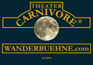 Logo der Wanderbühne Theater Carnivore  für die Startseite. Weiter geht es über das Menü.
Das Logo besteht aus einem Schriftzug in orange auf Petrol.  In der Mitte ist der Vollmond.